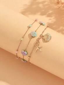3pcs/Set Summer Beach Vacation Style Fresh Colorful Shell Gold Shell Starfish Colorful Bead Chain Combination Decorative Anklet Fashion Versatile Women's Foot Jewelry Suitable For Daily Wear And Summer Vacation Beach Party Music Festival - Multicolor - View 3