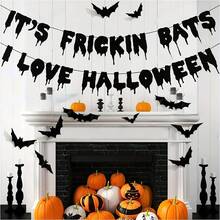 1 Set,Black Glittery,It's Frickin Bats,Halloween,Decoration Set,Party Supplies,Mantle Decor,Yard Decor,Backdrop,Y2K Room Decor,Party - View 5