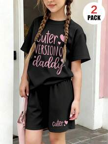 2pcs/Set Cute Graphic T-Shirt + Shorts Set For Teen Girls, Heart Slogan Tee, Casual Daily/School Wear - Black - View 2
