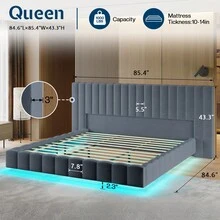 Modern Platform Bed Frame Queen/King Size With LED Lights, Velvet Upholstered Bed Frame With Oversized Headboard, Sturdy Construction, No Box Spring Needed, Cream , Grey , Black - Grey - View 12