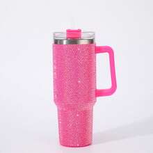 1pc 40oz Large Capacity Tumbler With Handle, Rhinestone Pattern Stainless Steel Insulated Cup With Straw, Reusable Travel Mug For Car Office Outdoor, Ideal Gift For Women & Teens - Multicolor - View 11