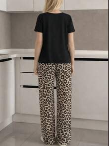 Kadın baskılı pıjama altı ve tshirt - 彩色 - 查看 3
