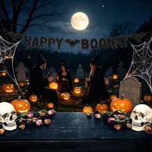 1 Set/Pancarta Feliz BOODAY de Halloween/Pancarta de Cumpleaños Murciélago Negro & Blanco/Guirnalda de Decoración de Fiesta de Cumpleaños con Tema de Halloween/Decoración de Escena de Cumpleaños Fantasma Bruja/Decoración de Fiesta de Murciélago de Terror/Decoración Colgante de Fondo Fotográfico de Fiesta de Cumpleaños con Brillo Dorado - Ver 2