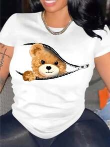 New Arrival,Graphic Print zipBear T-Shirt For Women Casual Short Sleeve Tee 1 Pcs 100% Heavy Cotton - Comfortable Crew Neck, Soft adorable Tees Tops,Best Gift for you - Blanc - Voir 1