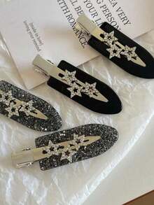 4 Pcs Metal Shiny Star Seamless Alligator Clips, Delicate Seamless Side Hair Clips, Bangs Clips, Makeup Clips. Stylish Silver Glitter Hair Accessories - Black - View 2