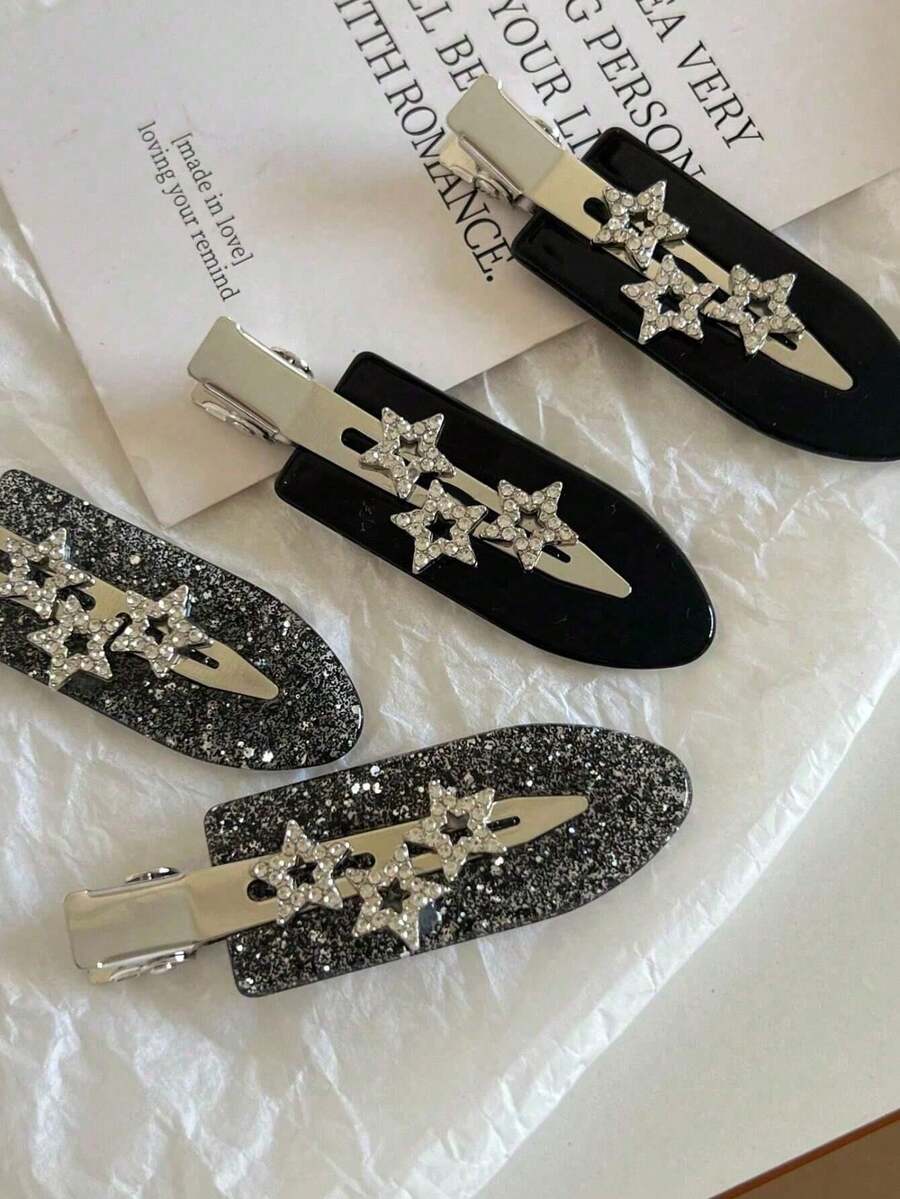 4 Pcs Metal Shiny Star Seamless Alligator Clips, Delicate Seamless Side Hair Clips, Bangs Clips, Makeup Clips. Stylish Silver Glitter Hair Accessories