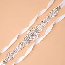 1pc Handmade Rhinestone Bridal Belt Women's Rhinestone Wedding Dress Accessory - Gold Applique + Ivory Ribbons - View 4