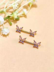 2 piezas de anillos para pezones, joyería de perforación de pezón con barras rectas, joyería de perforación corporal con mariposa, barras de pezón con CZ - Multicolor - Ver 3