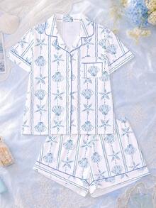 2件組女款貝殼印花睡衣套裝，女款居家服，春夏度假穿搭，短袖上衣與短褲套裝 - 白色 - 查看 1