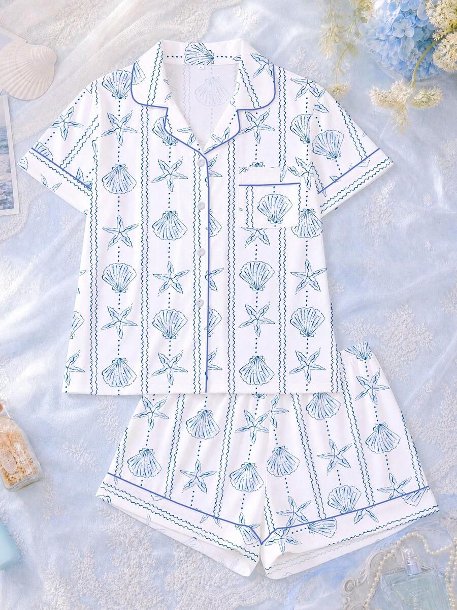2件組女款貝殼印花睡衣套裝，女款居家服，春夏度假穿搭，短袖上衣與短褲套裝 - 白色 - 查看 1