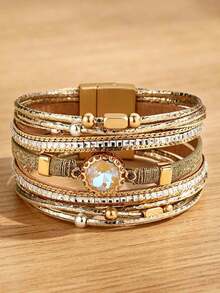 1pc Multi-Layer Leather Bracelet With Pink Crystal & Rhinestone, Magnetic Clasp, Bohemian Stackable Wrist Jewelry For Women - Khaki - View 9