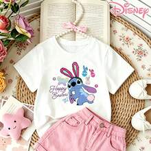 Disney Lilo & Stitch Easter Bunny Print Teen Girl Clothes T-Shirt, Cute Hoppy Easter Graphic Short Sleeve Crew Neck Tee - 白色 - 查看 1