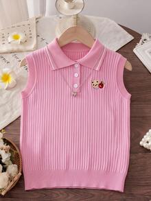 女童開學季學院風純色刺繡 Polo 領針織薄款開襟背心，適合休閒日常穿著，春夏秋三季 - 粉色 - 查看 2