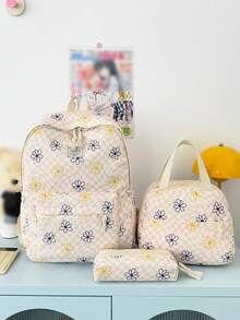 1 Set Back To School Backpack Set - Checkerboard/Floral Print Large Capacity Backpack + Lunch Bag + Pencil Case Multi-Piece Set, With Laptop Compartment School Bag, Durable Nylon Backpack, Adjustable Shoulder Straps Backpack - Lightweight Portable Zipper Bag, Suitable For Students/Teenagers/Graduates, Perfect For Outdoor/Travel/Middle School/High School/College, College Essential Backpack - Yellow - View 7