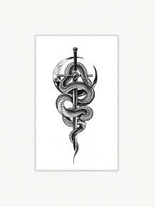 1pc Y2K Style Tattoo, Snake & Sword Pattern, Animal Temporary Tattoo Sticker, Waterproof & Sweat-Proof, Washable, Non-Reflective, Realistic Tattoo Effect For Arms, Legs, Shoulders, Chest, Back, Suitable For Fashion-Forward People, Lasts 3 To 5 Days - Black - View 9