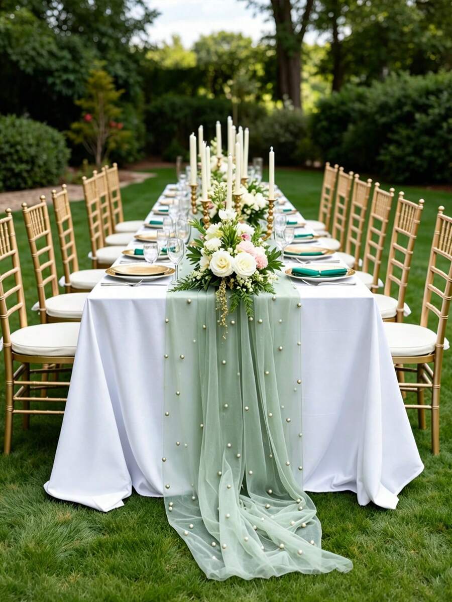 1pc Sage Green Pearl Table Runner | Soft Polyester Fabric, Suitable For Weddings, Anniversaries, Engagements, Birthdays And Various Occasions - Multicolor - View 1