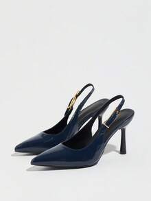 Women's Pointed Toe Slingback High Heel Sandals, Low Vamp Backless Spring Summer Party Banquet Casual Versatile Professional Work Shoes, Elegant And Comfortable - Navy Blue - View 4