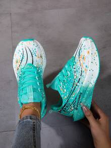Women Color Splatter Graffiti Print Running Sneakers, Breathable Mesh Upper Cushioned Speckled Thick Sole Athletic Shoes, Lightweight Lace Up Sport Trainers For Jogging Daily Workout - Blue - View 2