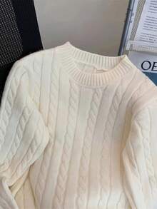 Autumn/Winter Casual Embroidered Crew Neck Cable Knit Sweater For Women, New Loose Cardigan Knitwear White Fall - White - View 9