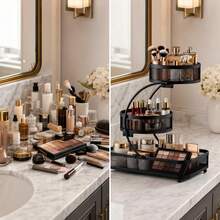 3-Tier Metal Bathroom Organizer (Includes Spray Bottle & Hooks) - A Space-Saving Countertop Storage Solution Designed For Cosmetics, Skincare, And Toiletries; Features A Rust-Resistant Diamond Mesh Design. - Black - View 3