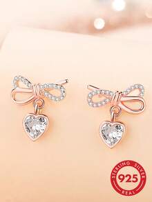 S925 Sterling Silver Classic Full Rhinestone Bow With Heart-Shaped Large Zirconia Accents, Ultra-Luxurious High-End Fashion Versatile Earrings, Elegant Gift For Family, Friends And Couples - Rose Gold - View 1
