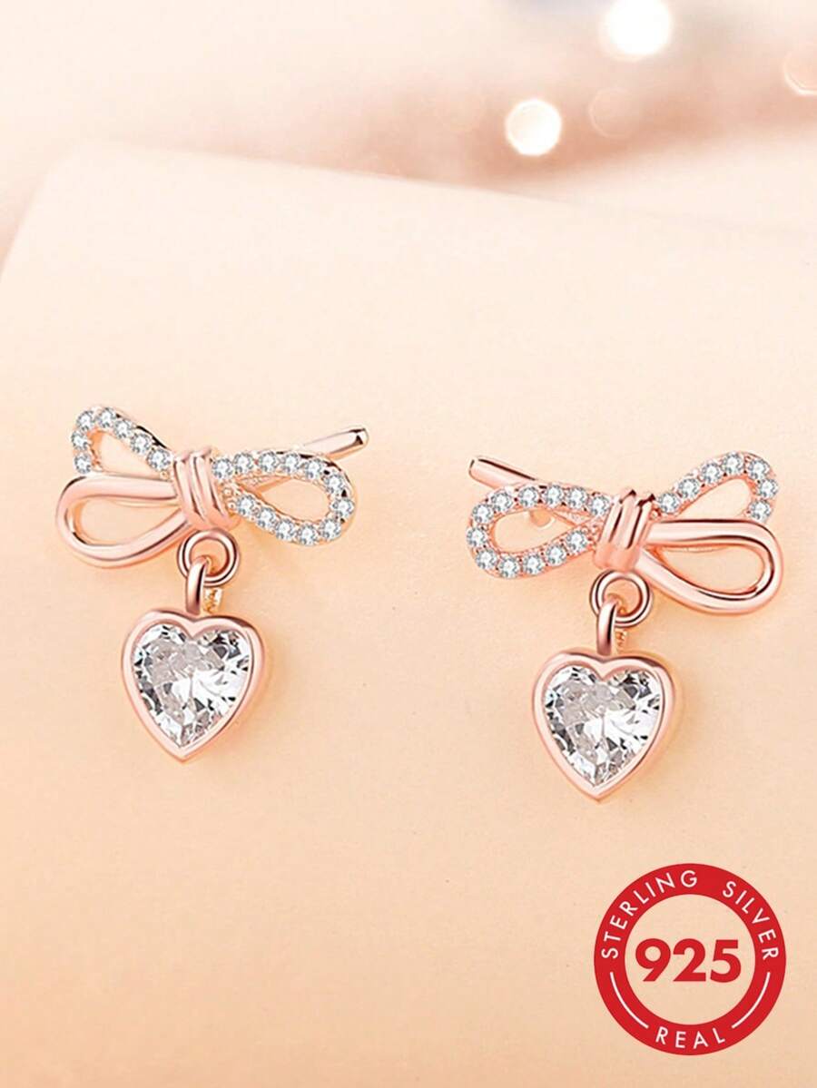 S925 Sterling Silver Classic Full Rhinestone Bow With Heart-Shaped Large Zirconia Accents, Ultra-Luxurious High-End Fashion Versatile Earrings, Elegant Gift For Family, Friends And Couples - Rose Gold - View 1