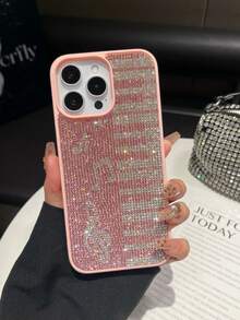 1pc Pink Piano Note Rhinestone Luxury Shockproof 2-In-1 Protective Phone Case Compatible For IPhone17promax/13/14 - Pink - View 6