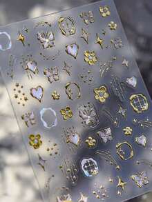 1pc Sweet Cool Y2K Style Gold/Silver Laser Engraved Butterfly Heart Moon Bow Clock Lens Sticker, Blending Star Sparkle, Flower And Asymmetric Border Elements, DIY Phone Lens Film - A - View 5