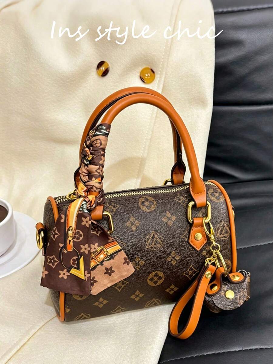 Minimalist Handbag With Accessories, Featuring Secure Zipper And Detachable Crossbody Strap, Ideal For Errands, Brunch, Or Travel, Perfectly Blending Timeless Print With Everyday Functionality - Brown - View 1