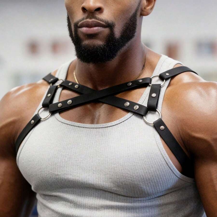 Arnés de pecho Bulldog para hombre, accesorio de arnés sexy ajustable de cuero PU para hombre, adecuado para atuendo de fiesta rave, cosplay, estilo gótico callejero, discoteca - Negro - Ver 1