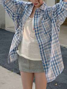 Korean Style Loose Fit Long Sleeve Plaid Shirt, Random Fabric Panels - Blue - View 4