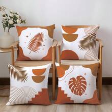 4 pièces Housses de coussin orange et marron avec motif de feuilles botaniques géométriques, imprimées sur un seul côté en velours de peau de pêche doux pour la peau, housses de coussin 45*45CM convenant pour la décoration intérieure, la décoration de fête, les housses de coussin décoratives en cadeau - Multicolore - Voir 8