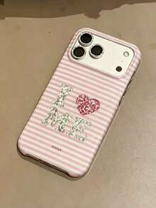 可愛亮片條紋水鑽亮面柔軟手機殼，適用於 iPhone 17 Pro Max 17 Pro 16 Pro Max 15 Pro Max 14 Pro Max 13 Pro Max 13 12 11，亮面保護後蓋 - 粉紅白色 - 查看 3