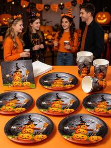 80/60/50/40pcs Halloween Paper Plates And Napkins Set, Disposable Dessert Plates And Napkins, Halloween Theme Birthday Party Decorations, Serves 10 People (Pumpkin Design) - Multicolor - View 3