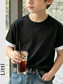 Boys Colorblock White Sleeve Pure Black Short Sleeve T-Shirt, Minimalist Round Neck Loose Fit Basic Kids T-Shirt - Black - View 7