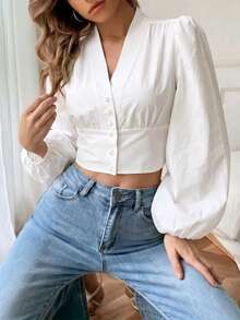Blus pendek putih lengan puff berkerah V elegan ala Prancis, kancing depan, pinggang ramping, lengan lentera, cocok untuk bepergian sehari-hari dan kencan. - Putih - View 2
