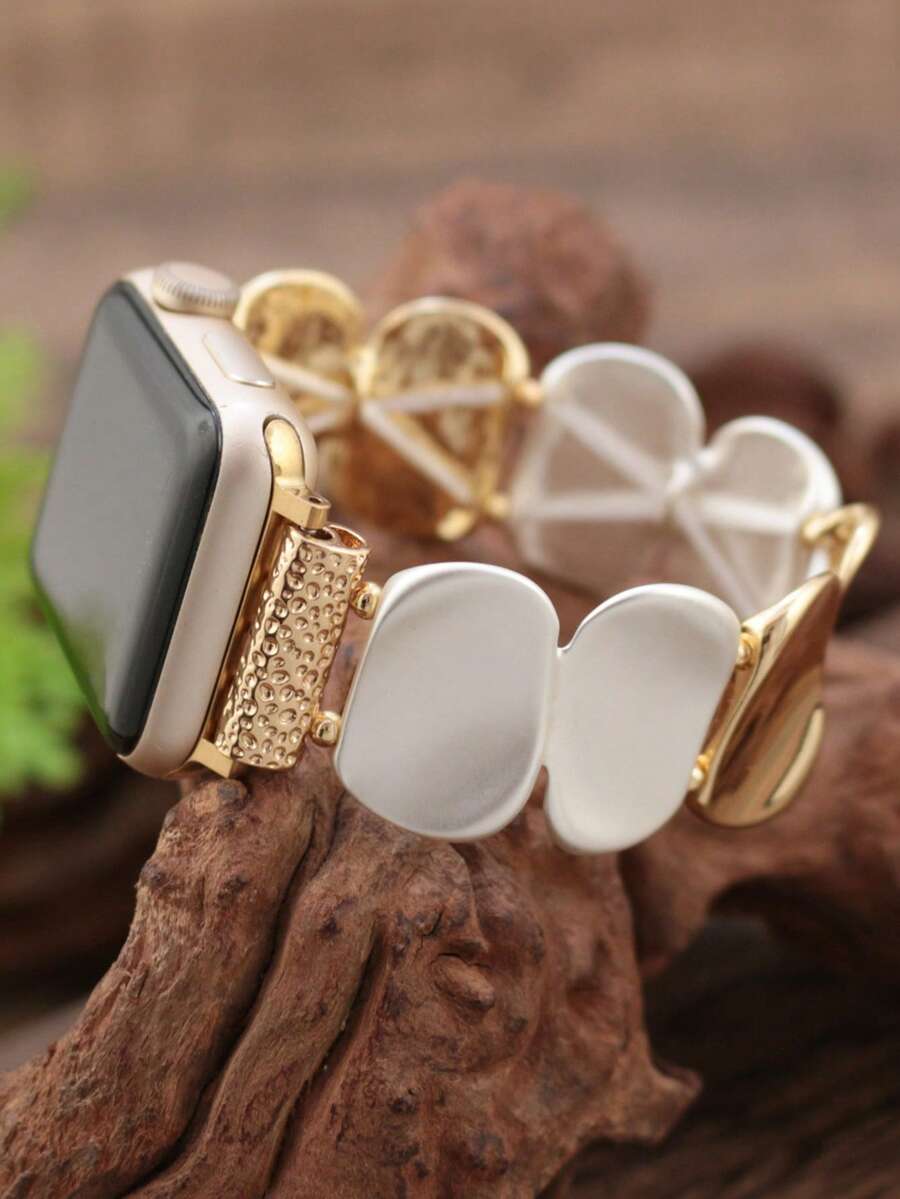 1件極簡優雅亮片手鍊錶帶,適用於Apple Watch,時尚女性彈性鏈條腕帶 - 金色混銀色 - 查看 1