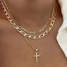 1pc Thick Multi-Layer Cross Pendant Necklace, Hip-Hop Style Chain, Fashion Accessory, Unisex - Gold - View 1
