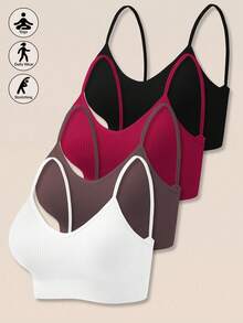 Set Of 4 Women's Seamless Striped Bras, Strappy Back, Wireless, Sexy And Comfortable Padded Underwear - 彩色 - 查看 1