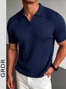 GRDR Suéter de punto de manga corta con cuello de aviador estriado de unicolor para hombre, adecuado para salidas de verano, esencial para un estilo de moda - Azul - Ver 5
