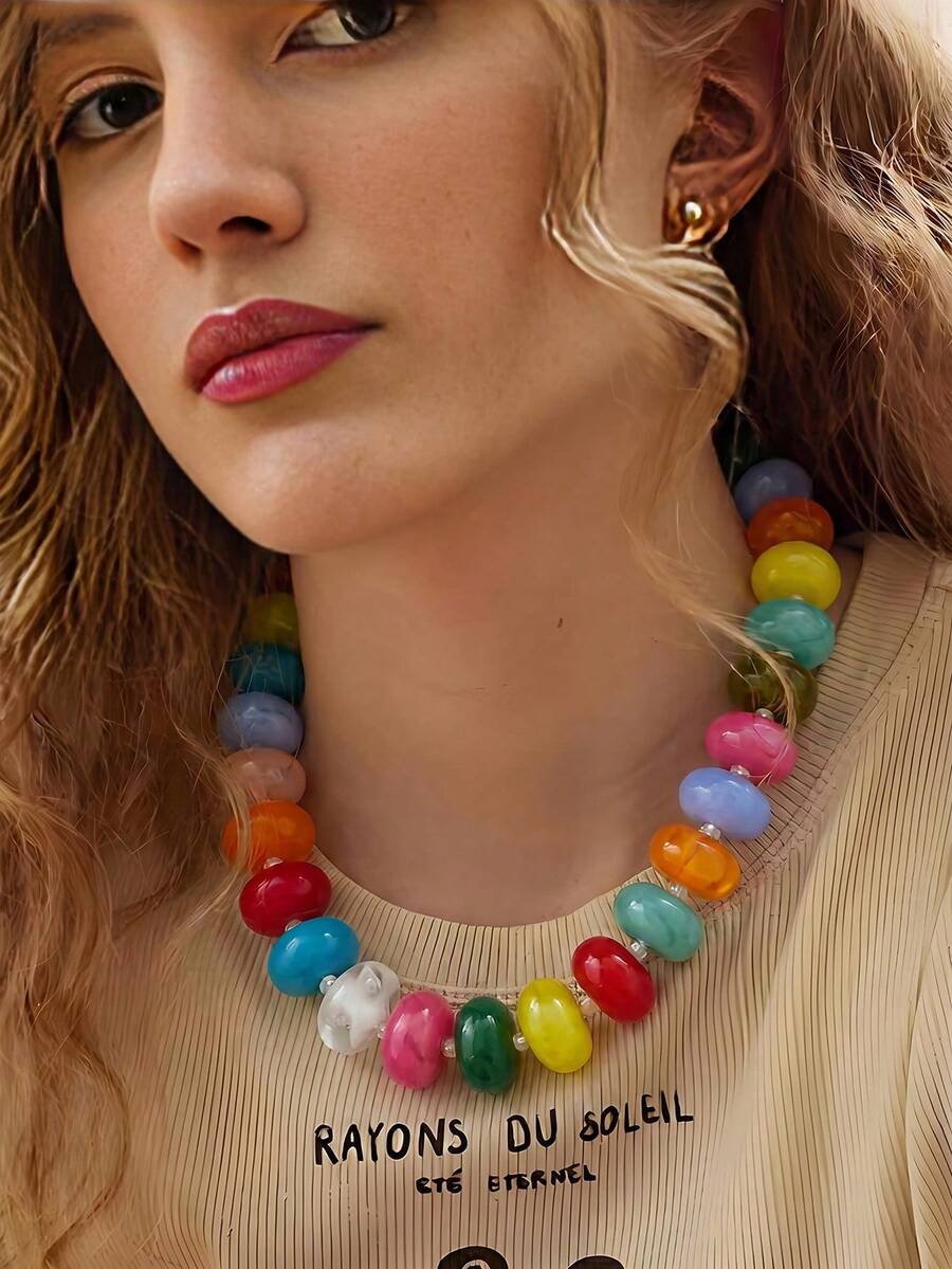 1pc Random Color Beaded Acrylic Colorful Gradient Beaded Necklace, Dopamine Accessory, Fashionable, Suitable For Daily Wear - Multicolor - View 1