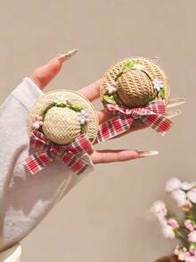 2pcs Mini Straw Hat Hair Clips, Plaid Bow & Small Flower Decor Hair Clips, Pastoral Style Daily Hair Accessories For Girls - Multicolor - View 4