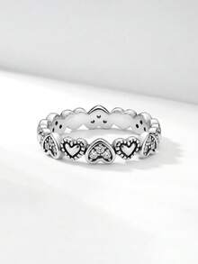 1pc S925 Sterling Silver Heart Shaped Ring, Rhinestone Inlaid Women's Wedding Ring, Girl's Promise Ring, Eternity Ring, Women's Jewelry Gift - Style 9 - View 4