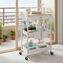 3 Tier Rolling Cart Metal Utility Cart With Wooden Table Top Drawer Hanging Cups Storage Cart For Kitchen Bathroom Office - White - View 8