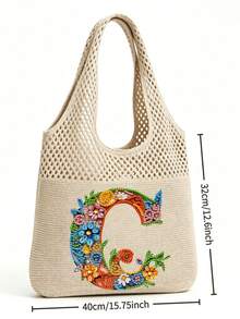 LFIRSTL Women's Crochet Tote Bag | 26 Personalized Initial Options, Bohemian Floral Mesh Beach Bag, Large Capacity Knitted Shoulder Handbag, Suitable For Summer Vacation, Travel And Daily Commute - Khaki - View 7