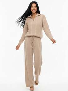 Knitted Set With Zippered Blouse And Pants. - Champagne - View 5