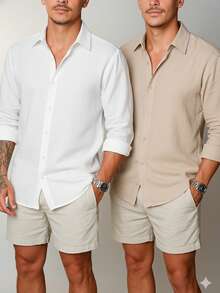 Set Of 2 Men's Long-Sleeved Linen Dress Shirts, Old Money Style, Viscose Linen, Cool, Casual, Italian Collar, Elegant - 白色/棕色 - 查看 1