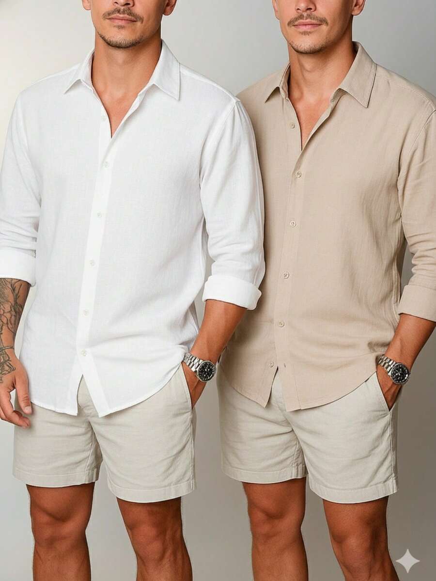 Set Of 2 Men's Long-Sleeved Linen Dress Shirts, Old Money Style, Viscose Linen, Cool, Casual, Italian Collar, Elegant - 白色/棕色 - 查看 1