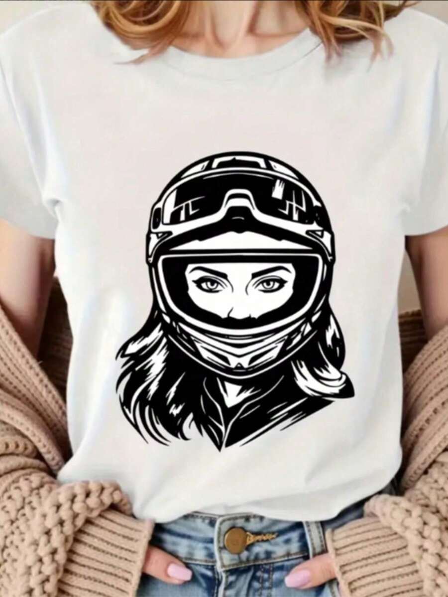 Camiseta feminina casual em algodão, gola redonda, estampa floral vintage. Blusa feminina estilosa para todas as estações, look old money, streetwear, universidade e dia a dia. - Branco - Visão 1