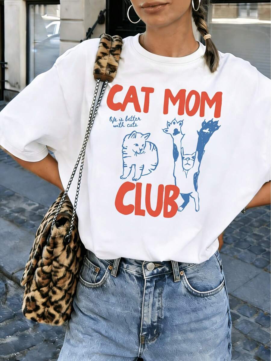 Thin European-Style Cat-Themed T-Shirt, Comfortable Fit, Perfect For Layering In Spring And Summer. - 白色 - 查看 1